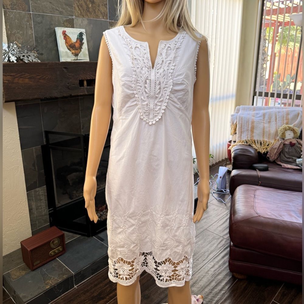 Cremieux White cotton crocheted lace detailing Dress EUC